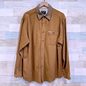 Woolrich Vintage Wool Flannel Shirt Brown Suede Elbow Patches USA Made Mens XL